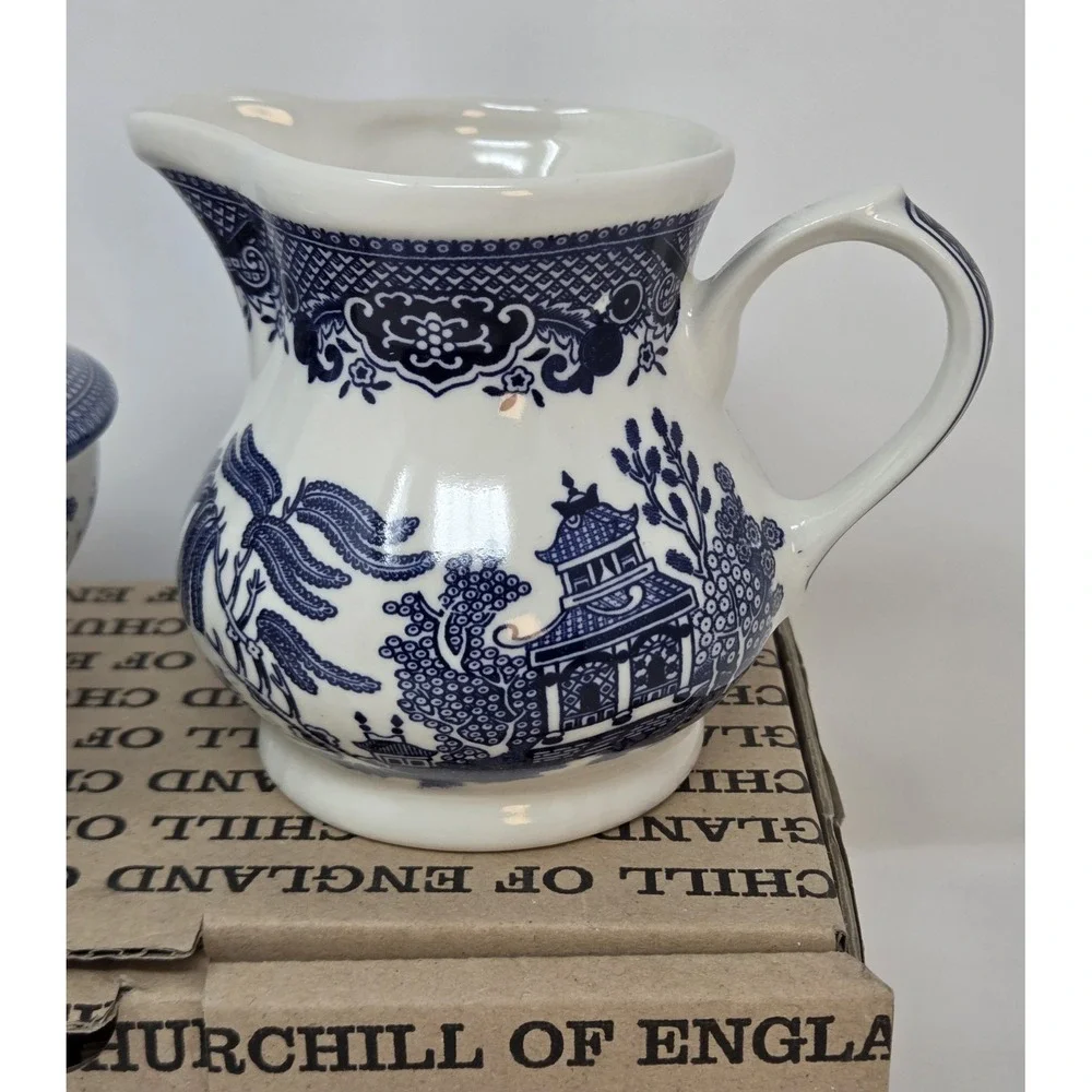 Churchill Blue Willow England Creamer Sugar Bowl Set New in Original Box